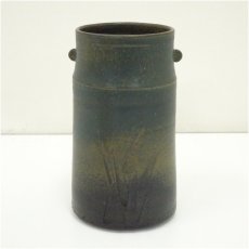 画像2: 背戸窯　加藤令吉造　蒼釉刻文花入（共箱） (2)