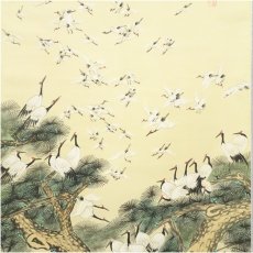 画像4: 中国　夕庵筆　「百鶴翔天」　寿平筆　百鶴図　肉筆絹本掛軸（箱付） (4)