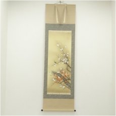 画像1: 下條春草筆　梅に鶯　肉筆絹本掛軸（共箱） (1)