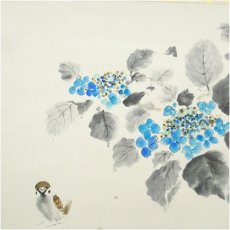 画像4: 玉英筆　紫陽花と小禽　肉筆紙本掛軸（共箱） (4)