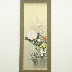 画像2: 松田石水筆　四季草花　肉筆絹本掛軸（共箱） (2)