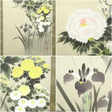 画像6: 松田石水筆　四季草花　肉筆絹本掛軸（共箱） (6)