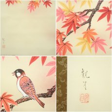 画像6: 観月筆　紅葉に小禽　肉筆絹本掛軸（共箱） (6)