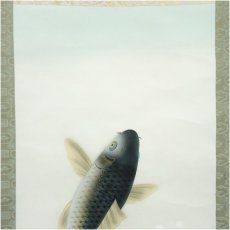 画像3: 湖人筆　開運跳鯉之図　肉筆絹本掛軸（紙箱） (3)