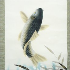 画像4: 湖人筆　開運跳鯉之図　肉筆絹本掛軸（紙箱） (4)