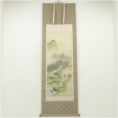 画像1: 紫萌筆　彩色山水　肉筆絹本掛軸（共箱） (1)