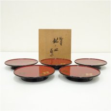 画像1: 輪島塗　朱花図銘々皿5客（共箱） (1)