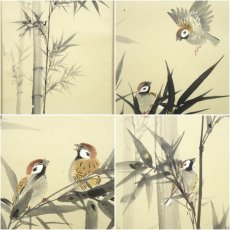 画像6: 森山東畝筆　竹に雀　肉筆絹本掛軸（共箱） (6)