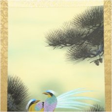 画像3: 錦城筆　不老長春　松上小禽　肉筆絹本掛軸（中島清堂識箱） (3)