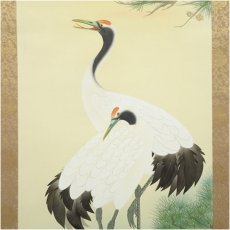 画像4: 藤沢寿峰筆　松上双鶴　肉筆絹本掛軸（共箱） (4)