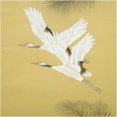 画像4: 祥山筆　旭日双鶴　肉筆絹本掛軸（共箱） (4)