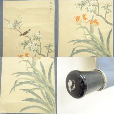 画像6: 松文筆　鳥語花香　花鳥図　肉筆絹本掛軸 (6)