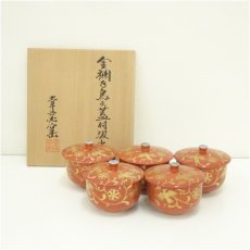 画像1: 幸兵衛窯造　金襴手鳥文蓋付汲出碗5客（共箱) (1)