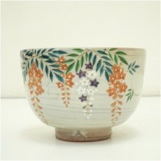 画像3: 京焼　森里陶楽造　粉引色絵藤茶碗（共箱） (3)
