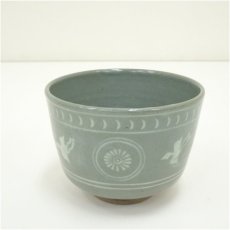 画像2: 京焼　宮本翠浩造　青磁狂言袴筒茶碗（箱付） (2)