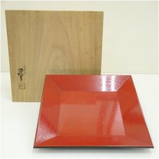 画像1: 川端近左造　漆塗和歌蒔絵四方盆（共箱） (1)