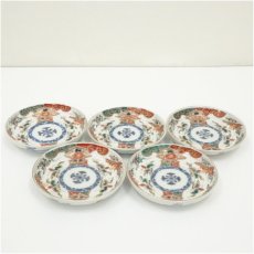 画像1: 古伊万里　染付色絵鳥松文四寸皿5客 (1)