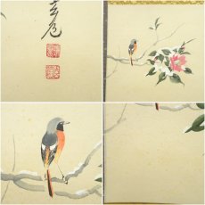 画像6: 前大徳　須賀玄道筆　「一輪霜鏡照」寒椿に小禽画賛　肉筆紙本掛軸（共箱） (6)