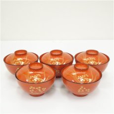 画像2: 平安堂造　朱塗流水芹蒔絵吸物椀5客（共箱） (2)